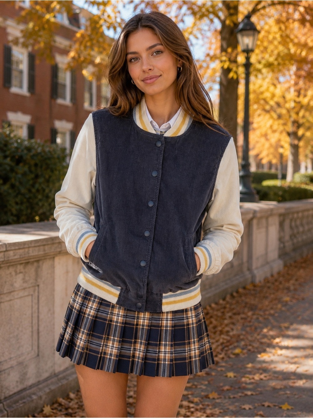 Aerie Navy & Cream Corduroy Varsity Jacket — Size XS
